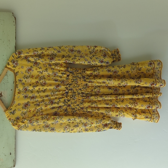 MAX STUDIO I V-Neck Long Sleeve Smocked Yellow Floral Flutter Mini Dress, S - Picture 3 of 13